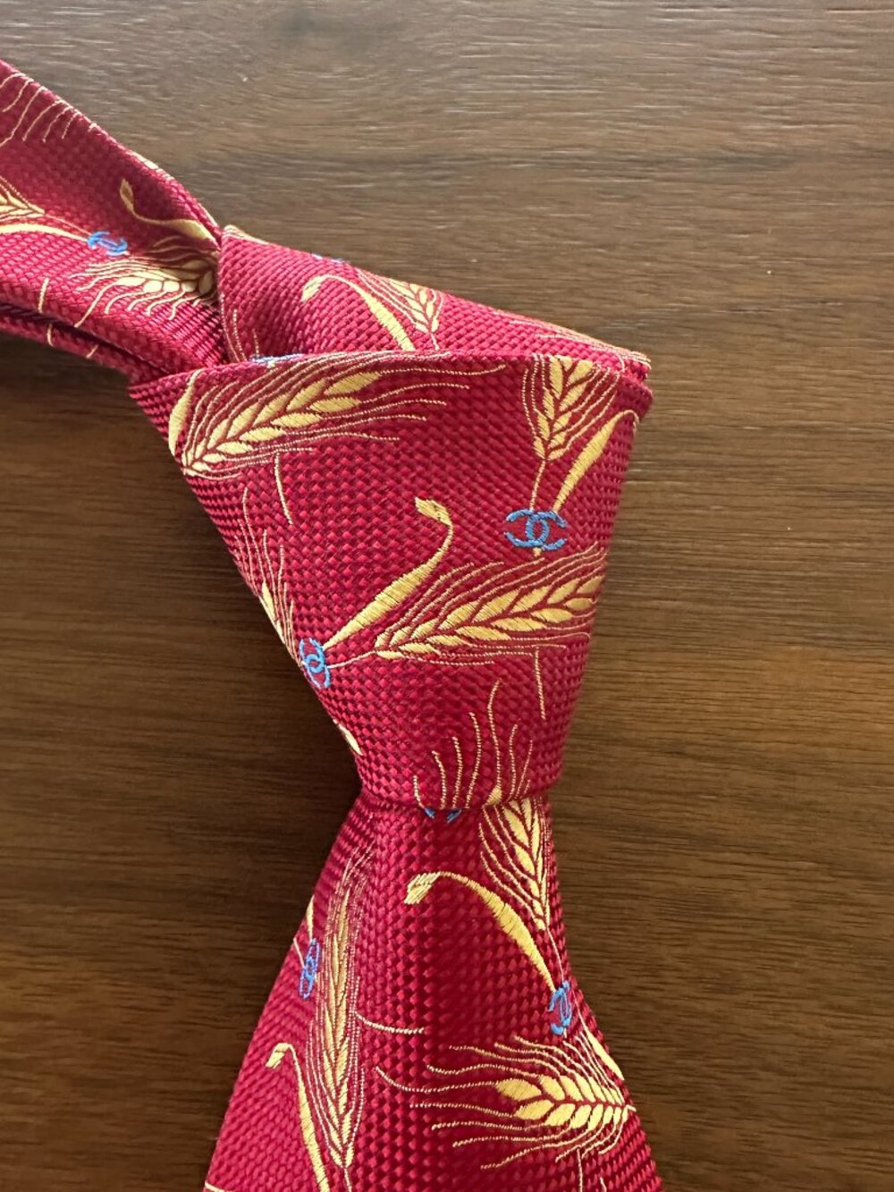 Chanel Red Gold Wheat Print Silk Tie